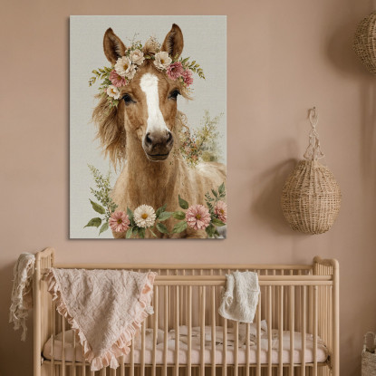 Decorazione Nursery Quadro Per Bimbo E Bimba Cavallo Con Corona Di Fiori bana30 quadro stampato su tela