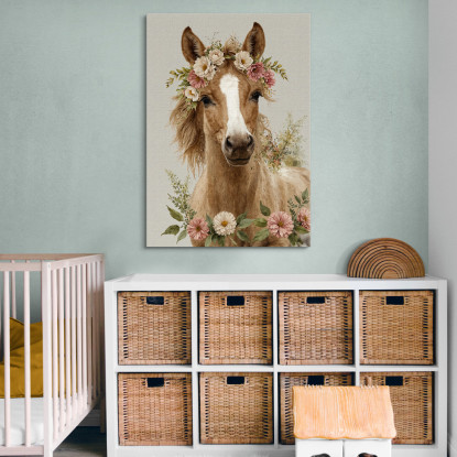 Decorazione Nursery Quadro Per Bimbo E Bimba Cavallo Con Corona Di Fiori bana30 quadro stampato su tela