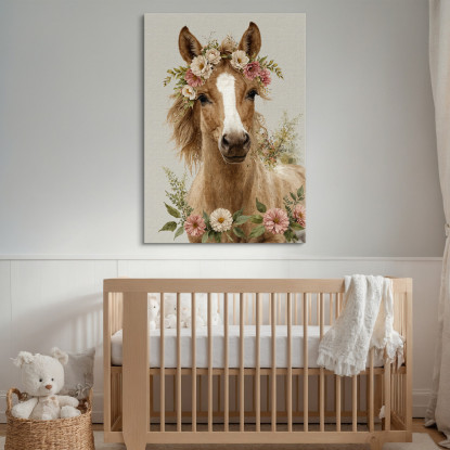 Decorazione Nursery Quadro Per Bimbo E Bimba Cavallo Con Corona Di Fiori bana30 quadro stampato su tela