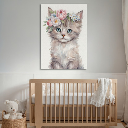 Quadro Per Cameretta Neonato Decorazione Gatto Con Occhi Azzurri E Corona Floreale bana32 quadro stampato su tela