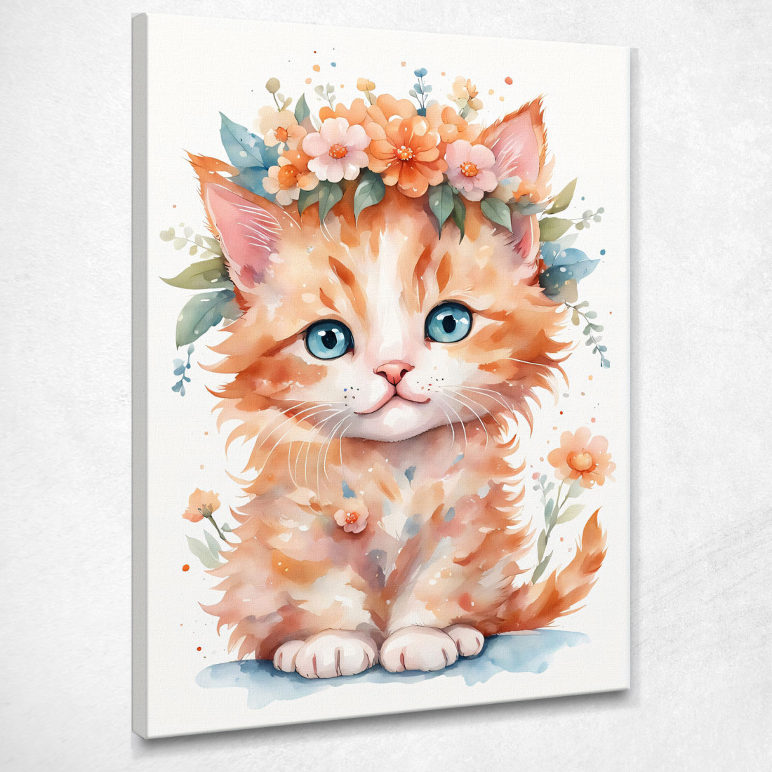 Quadro Per Bambino Decorazione Cameretta Gattino Arancione Con Ghirlanda Di Fiori bana33 quadro stampato su tela