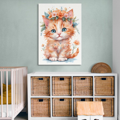 Quadro Per Bambino Decorazione Cameretta Gattino Arancione Con Ghirlanda Di Fiori bana33 quadro stampato su tela