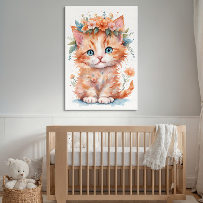 Quadro Per Bambino Decorazione Cameretta Gattino Arancione Con Ghirlanda Di Fiori bana33 quadro stampato su tela