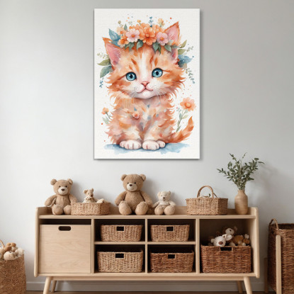 Quadro Per Bambino Decorazione Cameretta Gattino Arancione Con Ghirlanda Di Fiori bana33 quadro stampato su tela