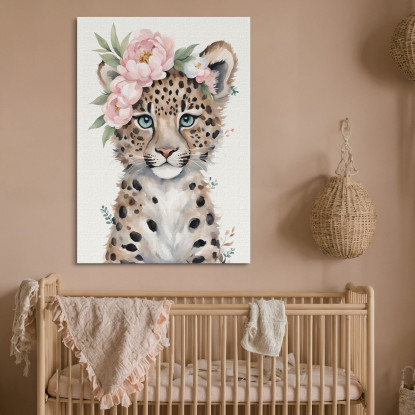 Quadro Per Cameretta Bimbo Piccolo Leopardo Carino Con Fiori Pastello bana35 quadro stampato su tela