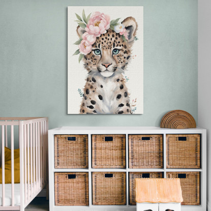 Quadro Per Cameretta Bimbo Piccolo Leopardo Carino Con Fiori Pastello bana35 quadro stampato su tela