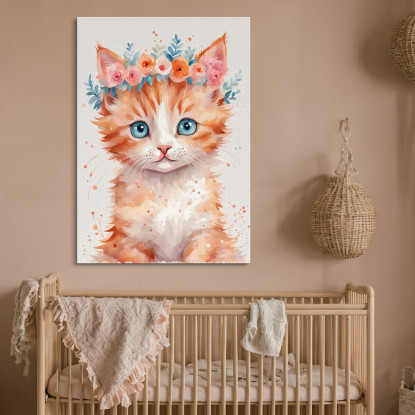 Decorazione Nursery Quadro Per Bimbo E Bimba Gattino Adorabile Con Fiori Colorati banb2 quadro stampato su tela