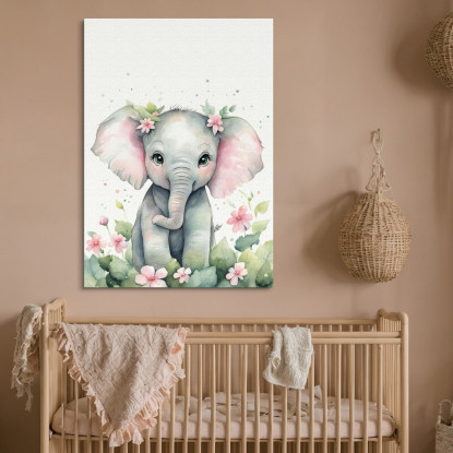 Quadro Per Cameretta Bimbo Cucciolo Di Elefante Con Fiori banb7 quadro stampato su tela