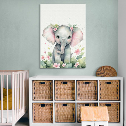 Quadro Per Cameretta Bimbo Cucciolo Di Elefante Con Fiori banb7 quadro stampato su tela