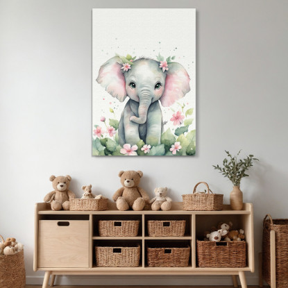 Quadro Per Cameretta Bimbo Cucciolo Di Elefante Con Fiori banb7 quadro stampato su tela