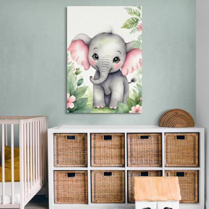 Quadro Per Nursery Decorazione Per Bambino Elefantino Con Orecchie Rosa E Fiori banb12 quadro stampato su tela