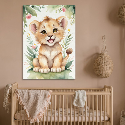 Quadro Decorativo Per Cameretta Bimbo Leone Sorridente Con Fiori E Foglie banb14 quadro stampato su tela