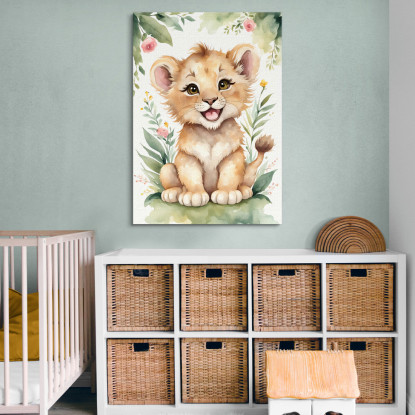 Quadro Decorativo Per Cameretta Bimbo Leone Sorridente Con Fiori E Foglie banb14 quadro stampato su tela