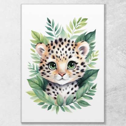 Decorazione Per Nursery Quadro Per Bimba Cucciolo Di Leopardo Tra Foglie Verdi banb18 quadro stampato su tela