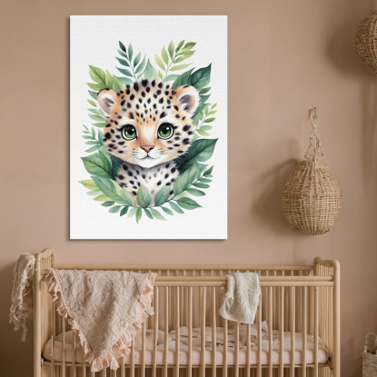 Decorazione Per Nursery Quadro Per Bimba Cucciolo Di Leopardo Tra Foglie Verdi banb18 quadro stampato su tela