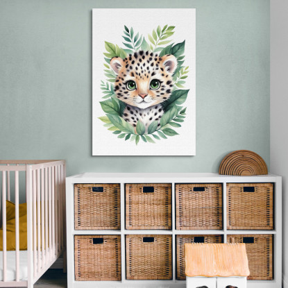 Decorazione Per Nursery Quadro Per Bimba Cucciolo Di Leopardo Tra Foglie Verdi banb18 quadro stampato su tela