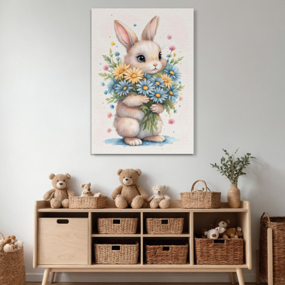 Quadro Per Nursery Decorazione Per Cameretta Coniglietto Con Margherite E Fiori Colorati banb20 quadro stampato su tela