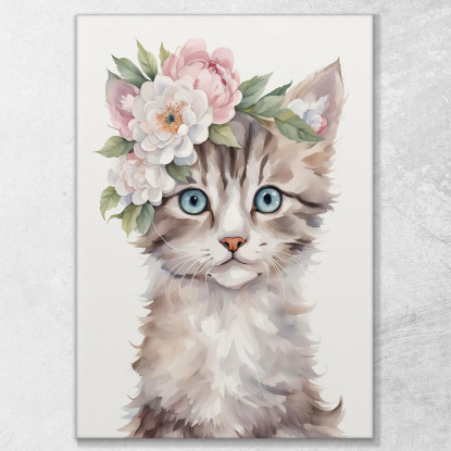 Quadro Per Bimbo Decorazione Nursery Gatto Cucciolo Con Fiori Primaverili banb21 quadro stampato su tela