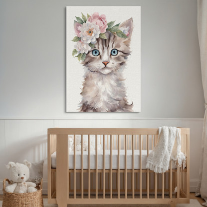 Quadro Per Bimbo Decorazione Nursery Gatto Cucciolo Con Fiori Primaverili banb21 quadro stampato su tela