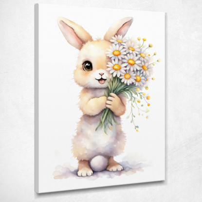 Quadro Per Bimba Decorazione Nursery Cucciolo Di Coniglio Con Fiori Bianchi E Gialli banb22 quadro stampato su tela