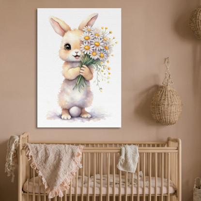 Quadro Per Bimba Decorazione Nursery Cucciolo Di Coniglio Con Fiori Bianchi E Gialli banb22 quadro stampato su tela