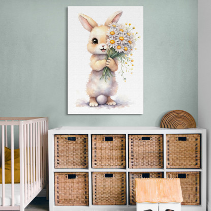 Quadro Per Bimba Decorazione Nursery Cucciolo Di Coniglio Con Fiori Bianchi E Gialli banb22 quadro stampato su tela