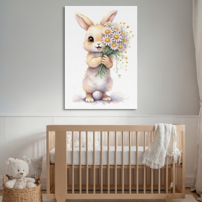 Quadro Per Bimba Decorazione Nursery Cucciolo Di Coniglio Con Fiori Bianchi E Gialli banb22 quadro stampato su tela