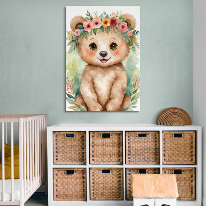 Decorazione Per Cameretta Quadro Per Bimbo Orso Con Coroncina E Foglie banb24 quadro stampato su tela