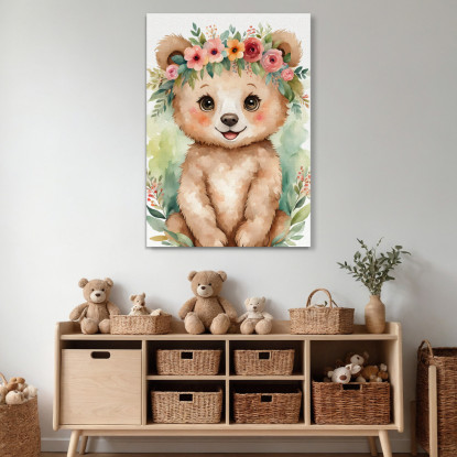 Decorazione Per Cameretta Quadro Per Bimbo Orso Con Coroncina E Foglie banb24 quadro stampato su tela