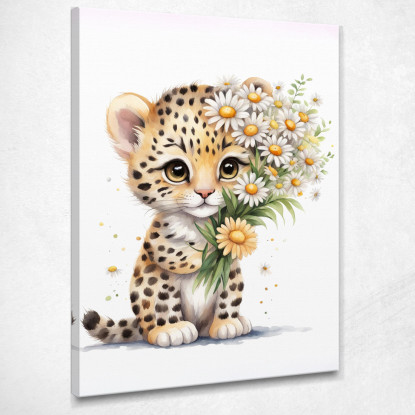 Decorazione Nursery Quadro Per Bimbo E Bimba Cucciolo Di Leopardo Con Margherite banb30 quadro stampato su tela