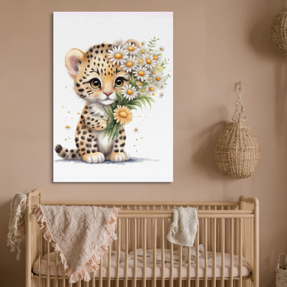 Decorazione Nursery Quadro Per Bimbo E Bimba Cucciolo Di Leopardo Con Margherite banb30 quadro stampato su tela