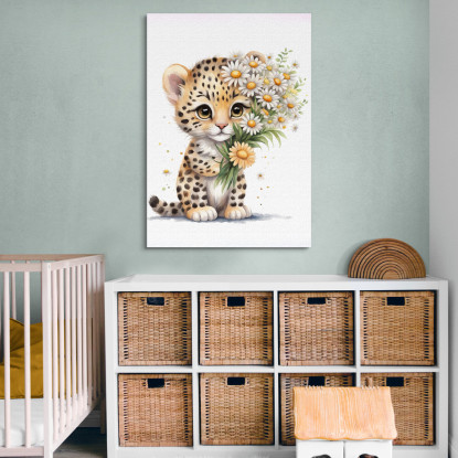 Decorazione Nursery Quadro Per Bimbo E Bimba Cucciolo Di Leopardo Con Margherite banb30 quadro stampato su tela