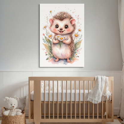 Quadro Per Cameretta Bimbo Bimba Cucciolo Di Riccio Con Margherite Colorate banb31 quadro stampato su tela