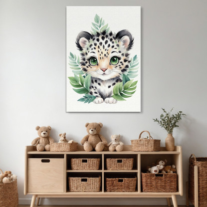 Quadro Per Cameretta Bambino Leopardo Baby In Foresta Verde banb34 quadro stampato su tela