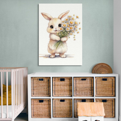 Quadro Per Cameretta Bimbo Cucciolo Di Coniglio Con Fiori Bianchi E Gialli banb35 quadro stampato su tela