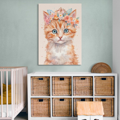 Quadro Per Cameretta Bimba Gattino Carino Con Bouquet Di Fiori banb36 quadro stampato su tela