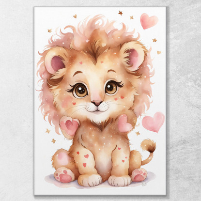 Decorazione Per Cameretta Quadro Per Bimbo Leone Cucciolo Con Cuori Rosa banb37 quadro stampato su tela