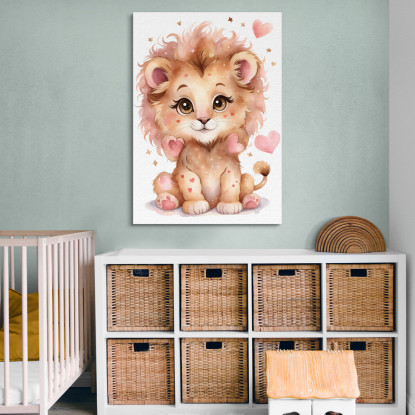 Decorazione Per Cameretta Quadro Per Bimbo Leone Cucciolo Con Cuori Rosa banb37 quadro stampato su tela