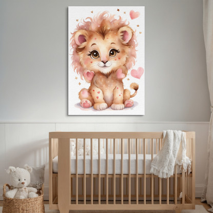 Decorazione Per Cameretta Quadro Per Bimbo Leone Cucciolo Con Cuori Rosa banb37 quadro stampato su tela