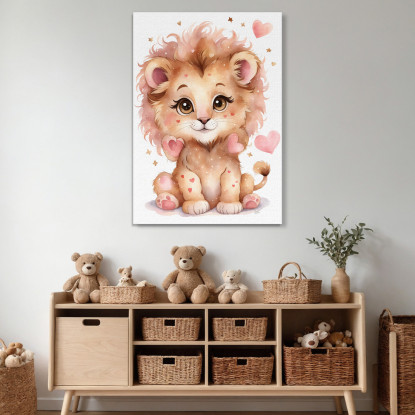 Decorazione Per Cameretta Quadro Per Bimbo Leone Cucciolo Con Cuori Rosa banb37 quadro stampato su tela