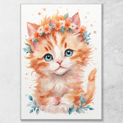 Quadro Per Cameretta Del Neonato Gattino Con Coroncina Di Fiori Arancioni banb38 quadro stampato su tela