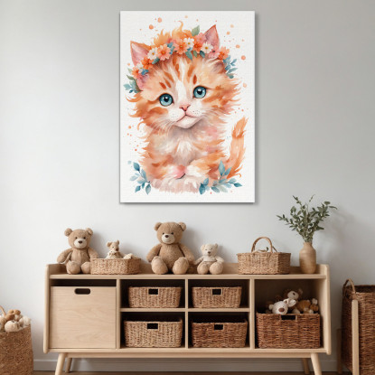 Quadro Per Cameretta Del Neonato Gattino Con Coroncina Di Fiori Arancioni banb38 quadro stampato su tela