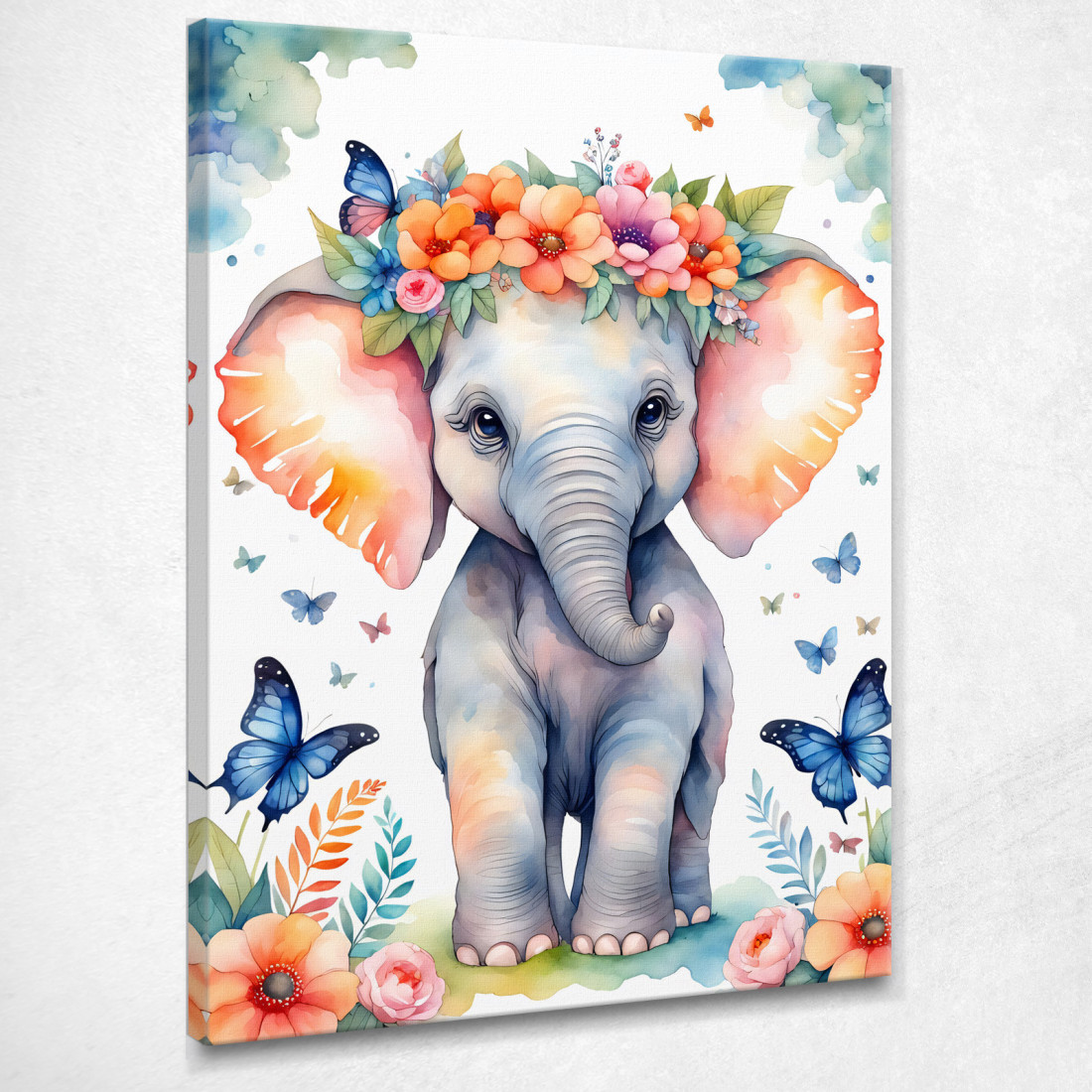 Quadro Per Nursery Decorazione Bimba Cucciolo Di Elefante Con Fiori E Farfalle banb39 quadro stampato su tela