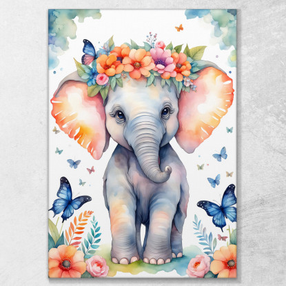 Quadro Per Nursery Decorazione Bimba Cucciolo Di Elefante Con Fiori E Farfalle banb39 quadro stampato su tela