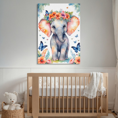 Quadro Per Nursery Decorazione Bimba Cucciolo Di Elefante Con Fiori E Farfalle banb39 quadro stampato su tela