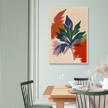 Quadro Boho Chic Minimal Motivo Botanico Con Foglie Verdi E Sfondo Colorato bho19 quadro stampato su tela