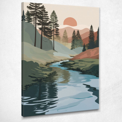 Quadro Boho Chic Minimal Paesaggio Naturale Con Fiume Pini E Montagne bho25 quadro stampato su tela