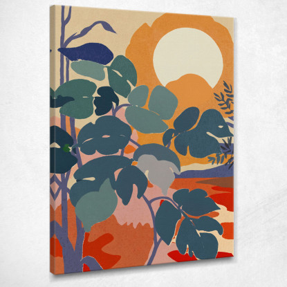 Quadro Boho Chic Minimal Paesaggio Tropicale Con Foglie Verdi E Sole Arancione bho27 quadro stampato su tela