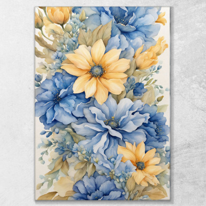 Quadro Botanico Moderno Bouquet Di Fiori Blu E Gialli In Acquerello btn4 quadro stampato su tela