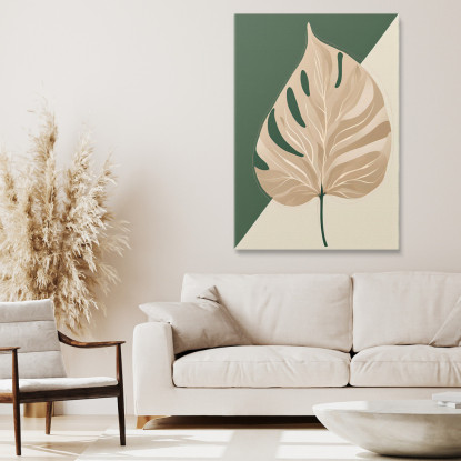 Quadro Botanico Moderno Composizione Minimalista Foglia Solitaria Verde E Beige btn9 quadro stampato su tela